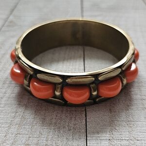 Vintage Brass With Lucite Faux Coral Cabochon Bangle Bracelet. Brass Bracelet.